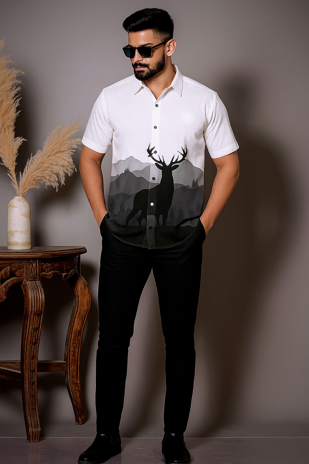 White Printed Half Sleeve Shirt