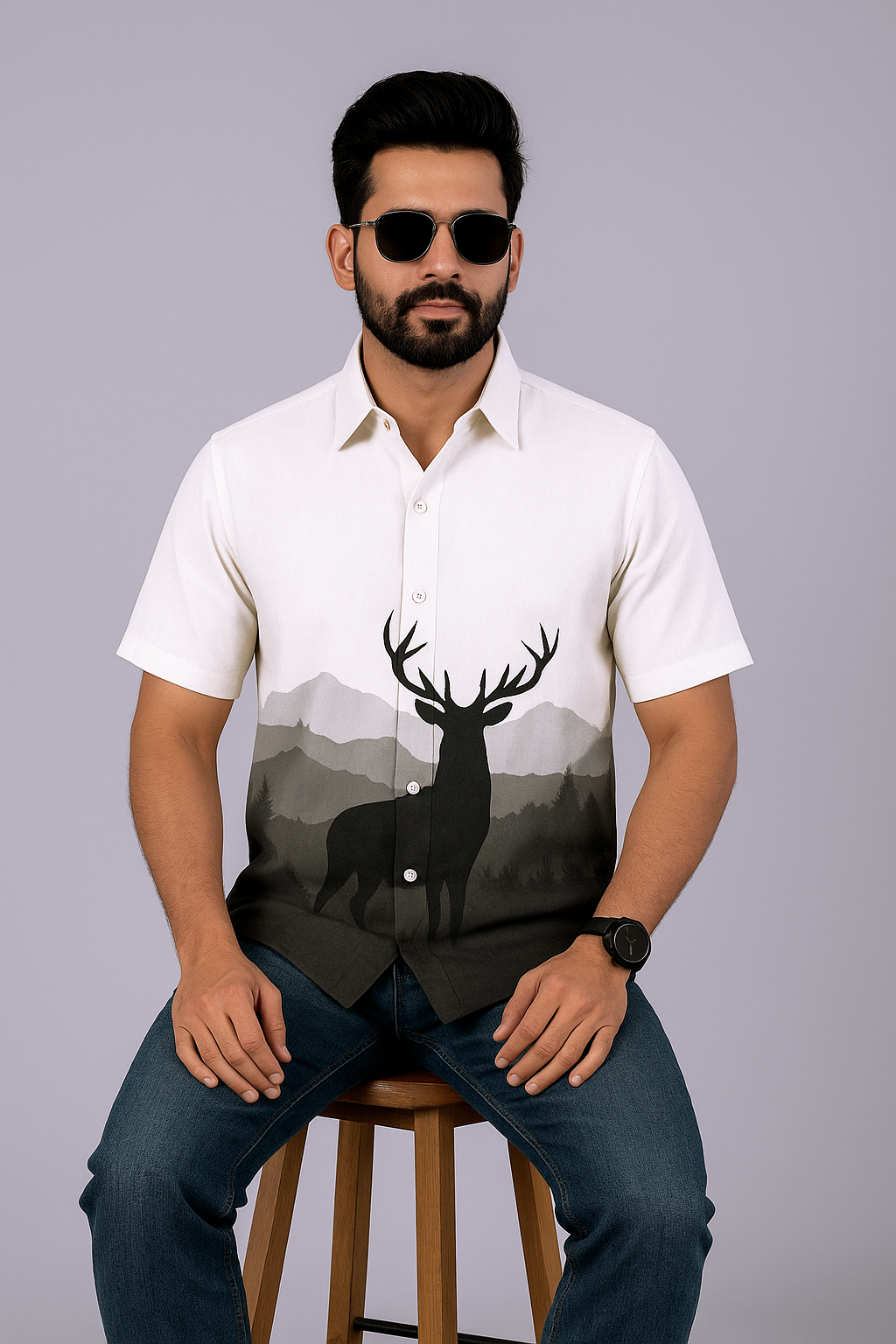 White Printed Half Sleeve Shirt