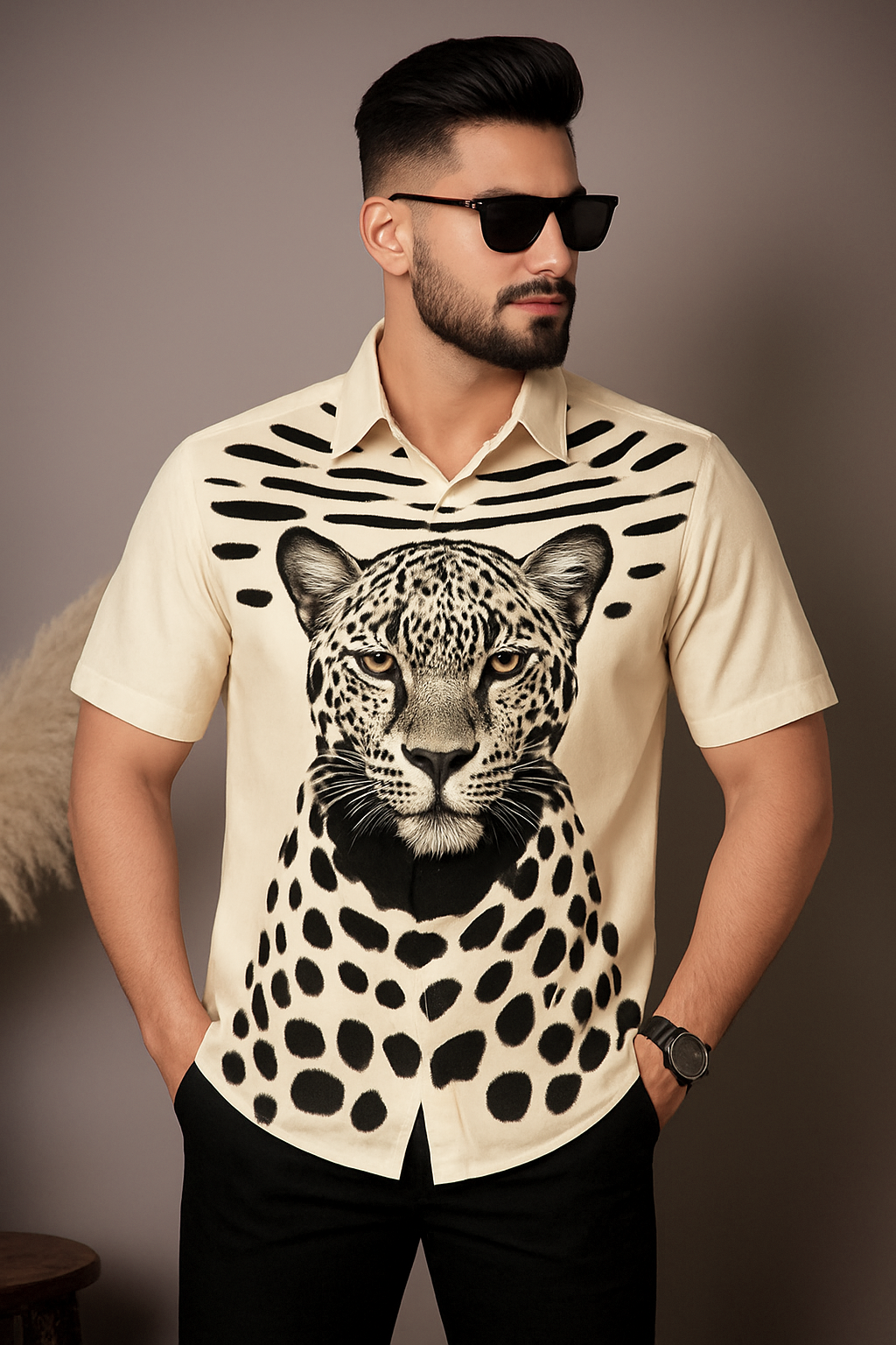 Beige Printed Half Sleeve Shir