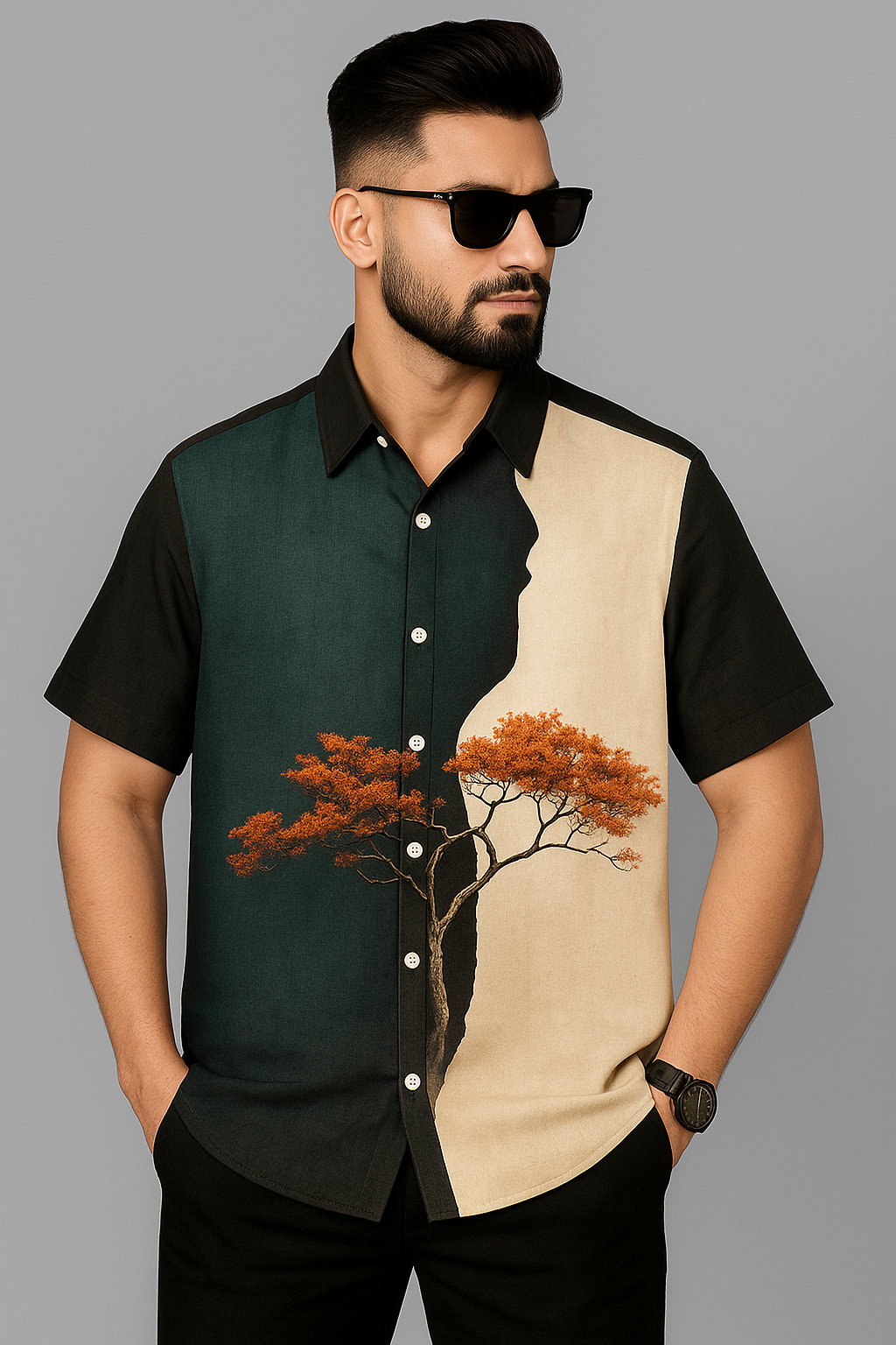 Black And Green Printed Half Sleeve Shirt