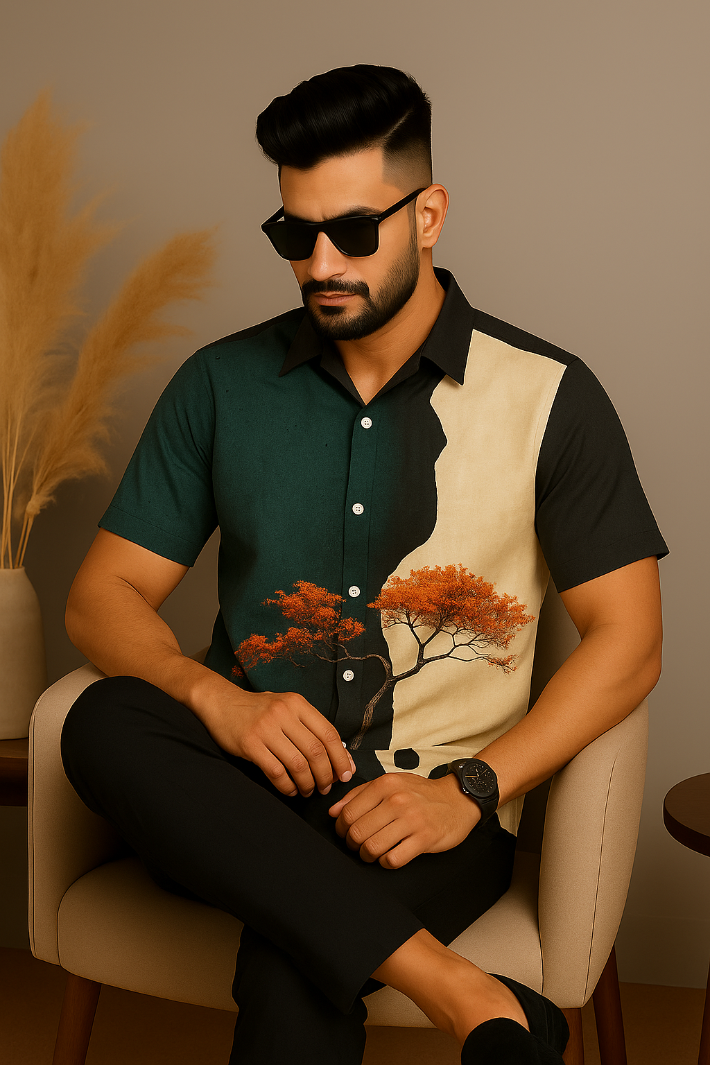 Black And Green Printed Half Sleeve Shirt